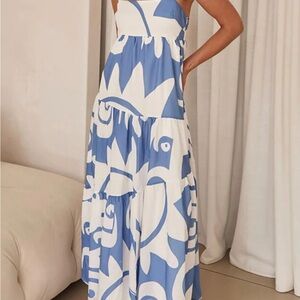 Blue and White Patterned Maxi Dress